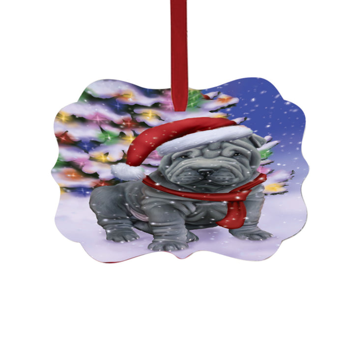 Winterland Wonderland Shar Pei Dog In Christmas Holiday Scenic Background Double-Sided Photo Benelux Christmas Ornament LOR49636