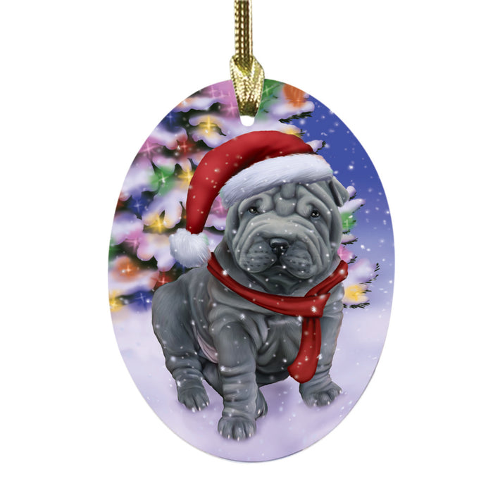 Winterland Wonderland Shar Pei Dog In Christmas Holiday Scenic Background Oval Glass Christmas Ornament OGOR49636