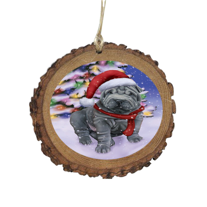 Winterland Wonderland Shar Pei Dog In Christmas Holiday Scenic Background Wooden Christmas Ornament WOR49636