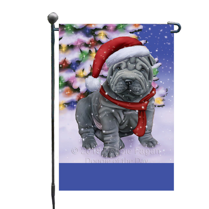 Personalized Winterland Wonderland Shar Pei Dog In Christmas Holiday Scenic Background Custom Garden Flags GFLG-DOTD-A61392