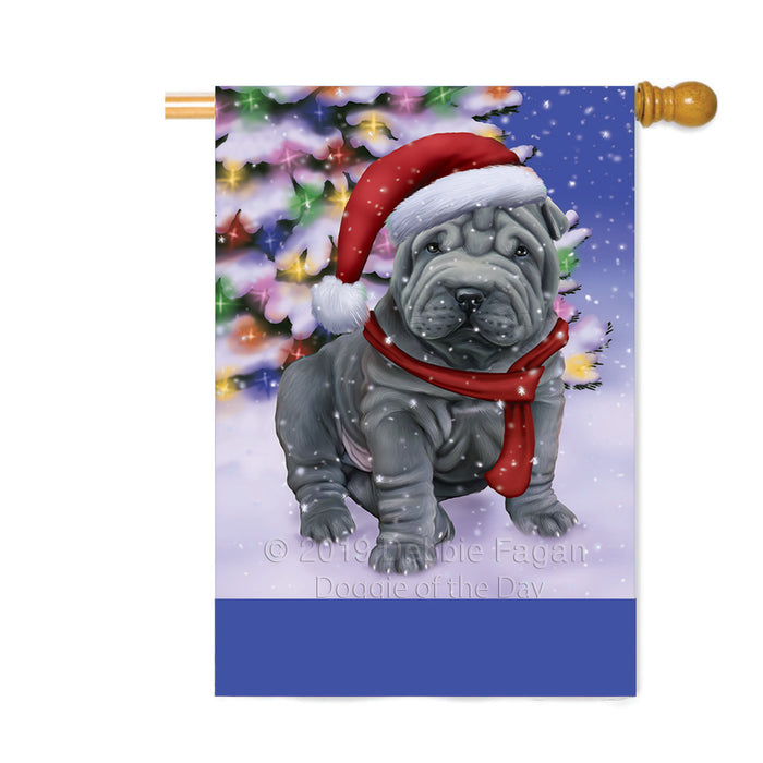 Personalized Winterland Wonderland Shar Pei Dog In Christmas Holiday Scenic Background Custom House Flag FLG-DOTD-A61448