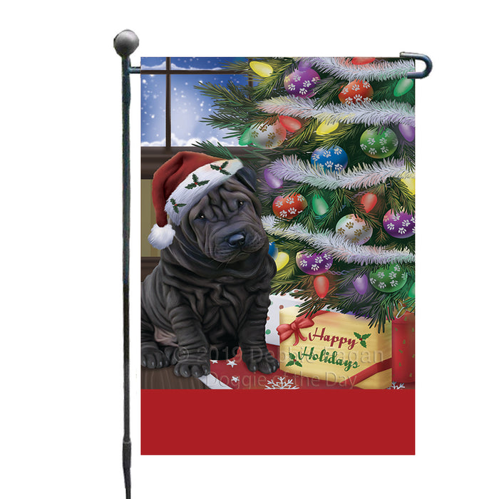 Personalized Christmas Happy Holidays Shar Pei Dog with Tree and Presents Custom Garden Flags GFLG-DOTD-A58665