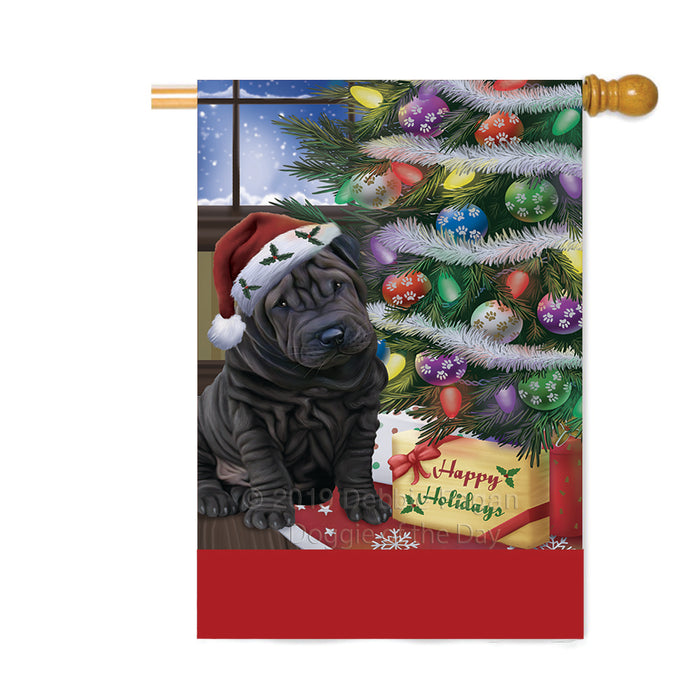 Personalized Christmas Happy Holidays Shar Pei Dog with Tree and Presents Custom House Flag FLG-DOTD-A58721