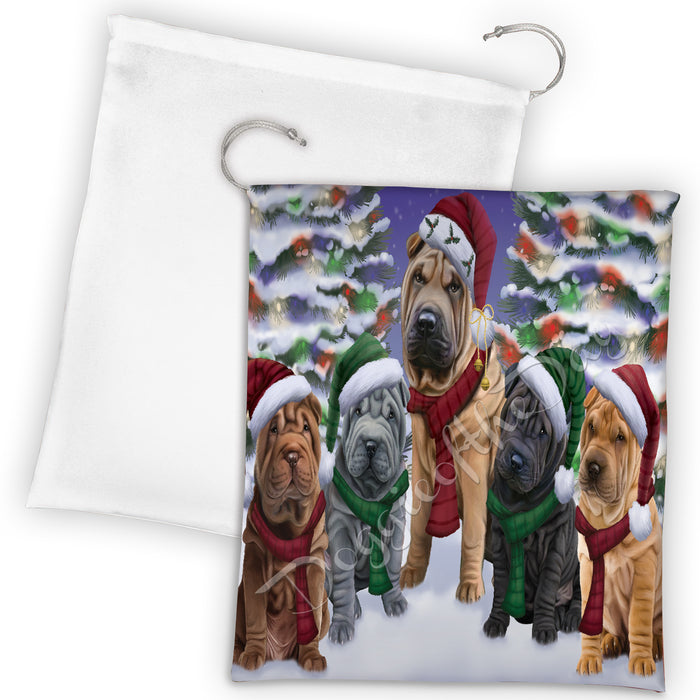 Shar Pei Dogs Christmas Family Portrait in Holiday Scenic Background Drawstring Laundry or Gift Bag LGB48173