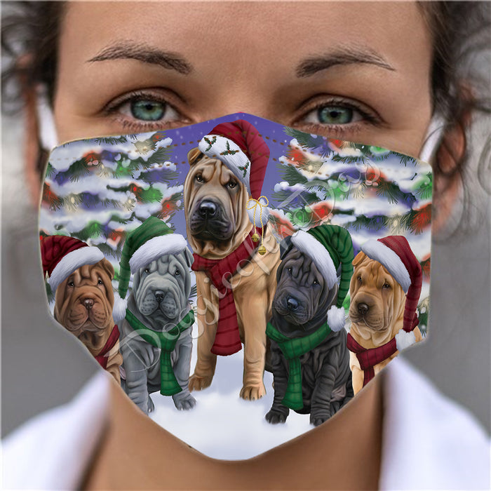Shar Pei Dogs Christmas Family Portrait in Holiday Scenic Background Face Mask FM48375
