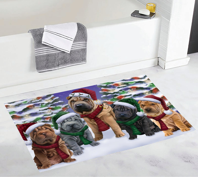 Shar Pei Dogs Christmas Family Portrait in Holiday Scenic Background Bath Mat