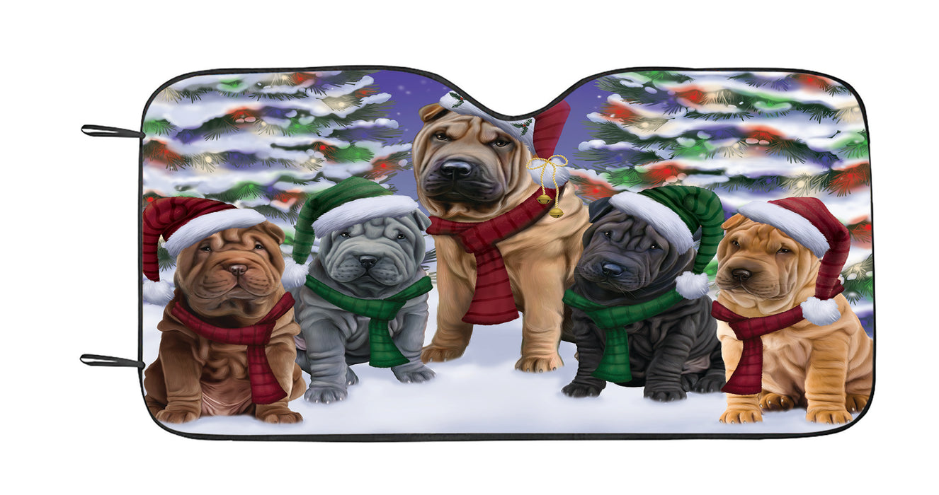 Shar Pei Dogs Christmas Family Portrait in Holiday Scenic Background Car Sun Shade