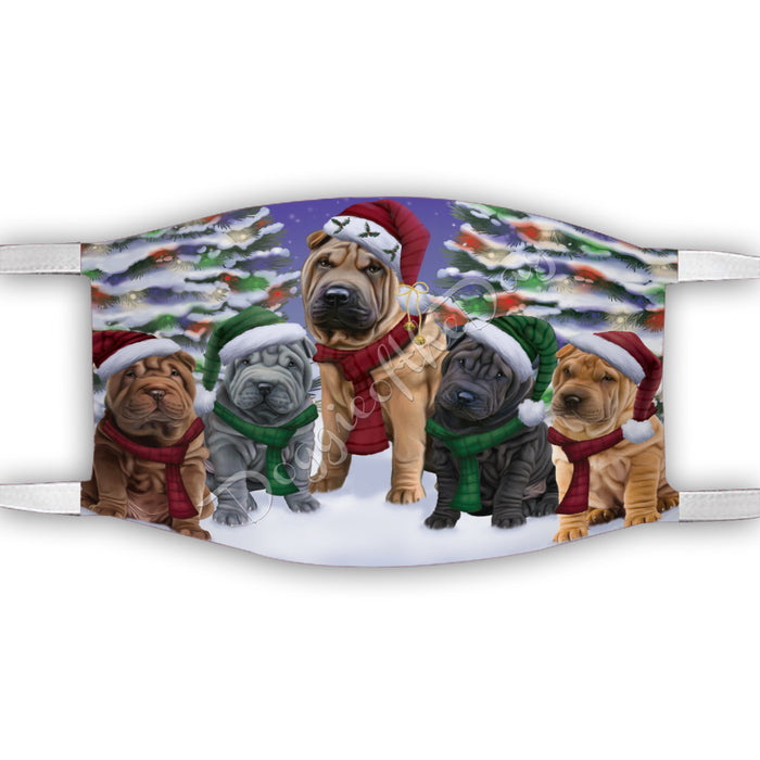 Shar Pei Dogs Christmas Family Portrait in Holiday Scenic Background Face Mask FM48375