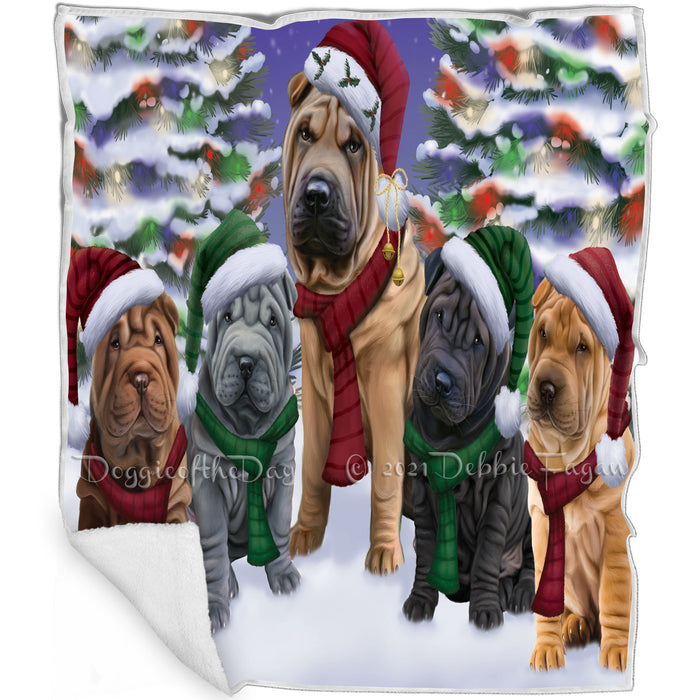 Shar Pei Dog Christmas Family Portrait in Holiday Scenic Background Art Portrait Print Woven Throw Sherpa Plush Fleece Blanket