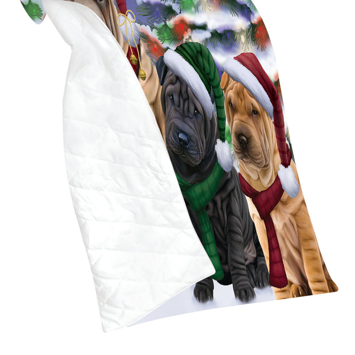 Shar Pei Dogs Christmas Family Portrait in Holiday Scenic Background Quilt
