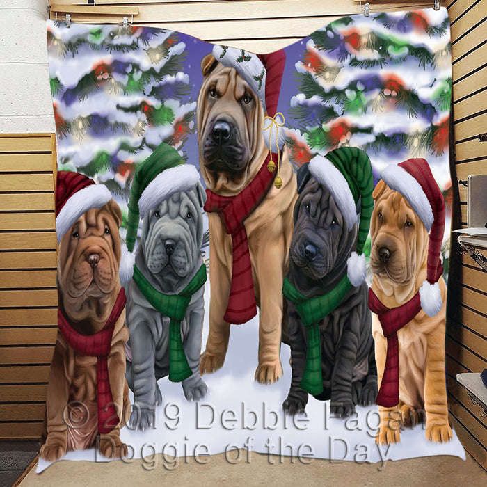 Shar Pei Dogs Christmas Family Portrait in Holiday Scenic Background Quilt