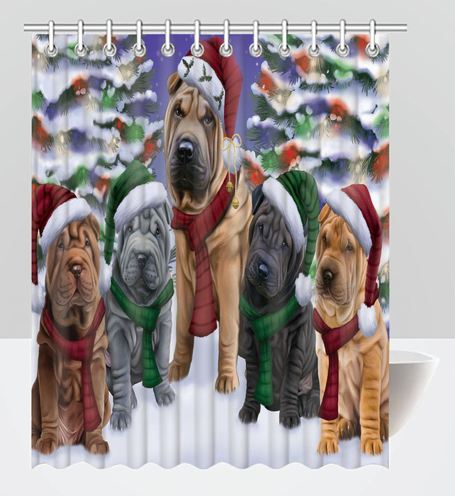 Shar Pei Dogs Christmas Family Portrait in Holiday Scenic Background Shower Curtain