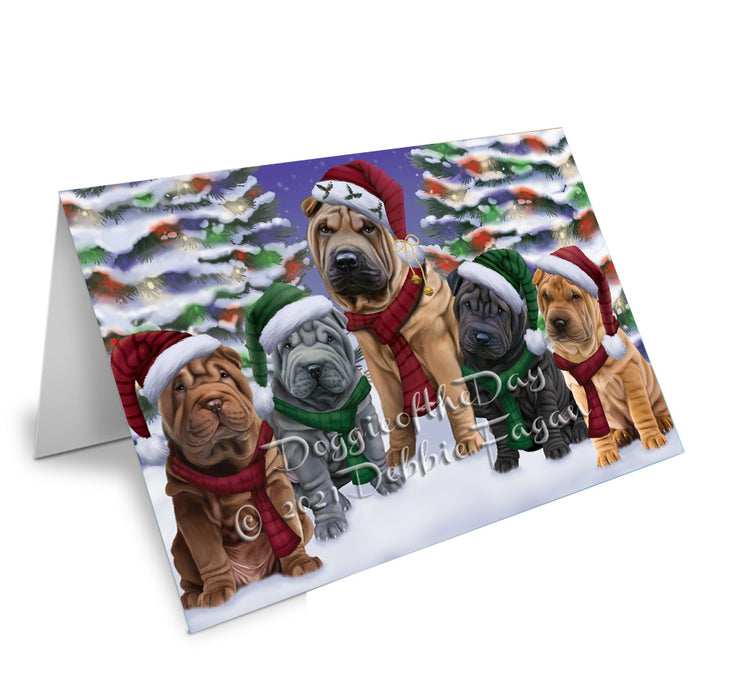 Christmas Family Portrait Shar Pei Dog Handmade Artwork Assorted Pets Greeting Cards and Note Cards with Envelopes for All Occasions and Holiday Seasons
