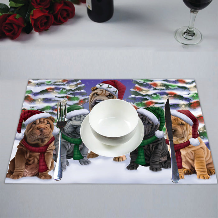 Shar Pei Dogs Christmas Family Portrait in Holiday Scenic Background Placemat