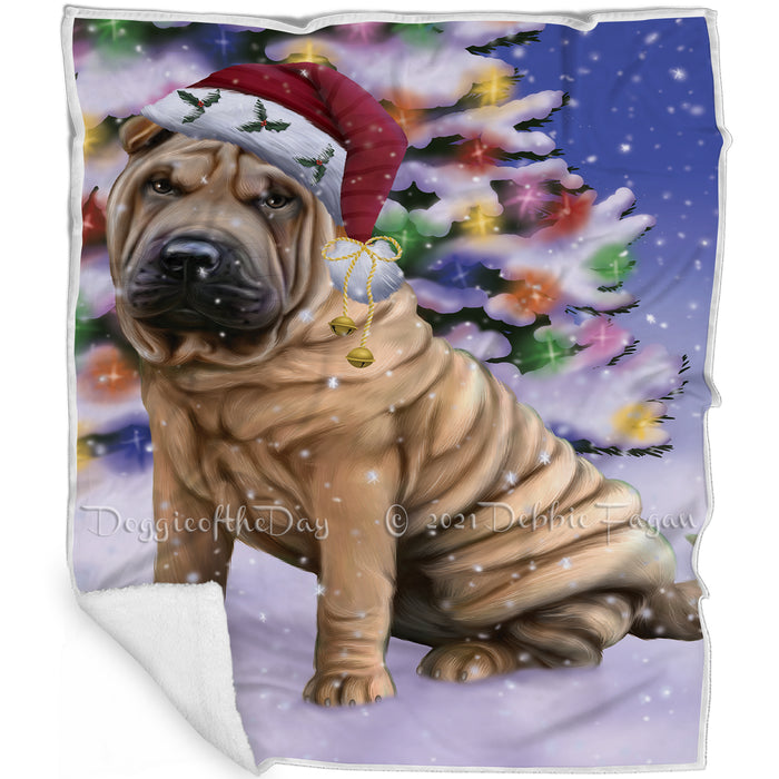 Winterland Wonderland Shar Pei Dog In Christmas Holiday Scenic Background Blanket