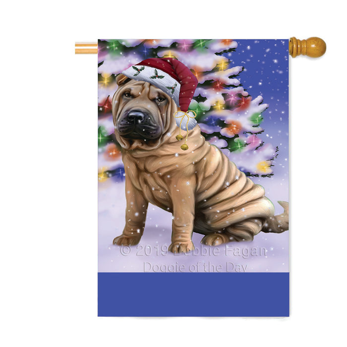 Personalized Winterland Wonderland Shar Pei Dog In Christmas Holiday Scenic Background Custom House Flag FLG-DOTD-A61449