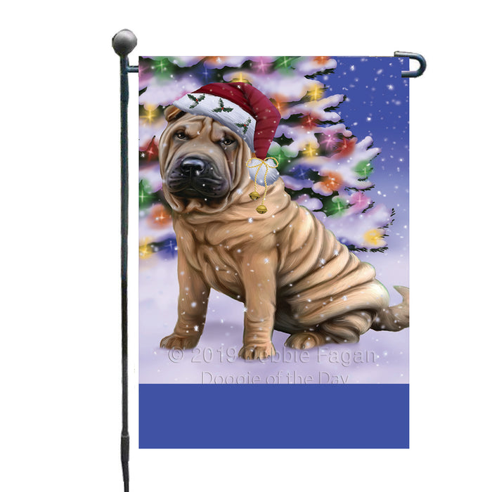 Personalized Winterland Wonderland Shar Pei Dog In Christmas Holiday Scenic Background Custom Garden Flags GFLG-DOTD-A61393