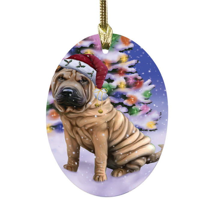 Winterland Wonderland Shar Pei Dog In Christmas Holiday Scenic Background Oval Glass Christmas Ornament OGOR49637