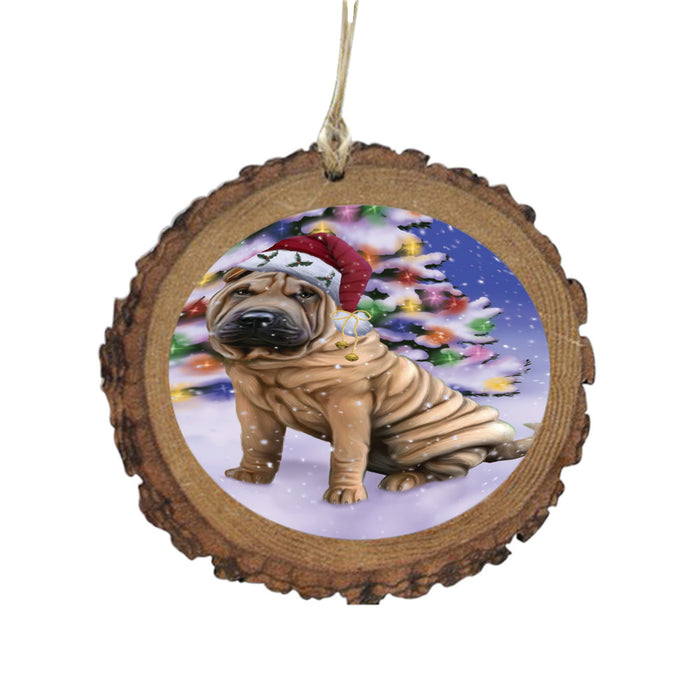 Winterland Wonderland Shar Pei Dog In Christmas Holiday Scenic Background Wooden Christmas Ornament WOR49637
