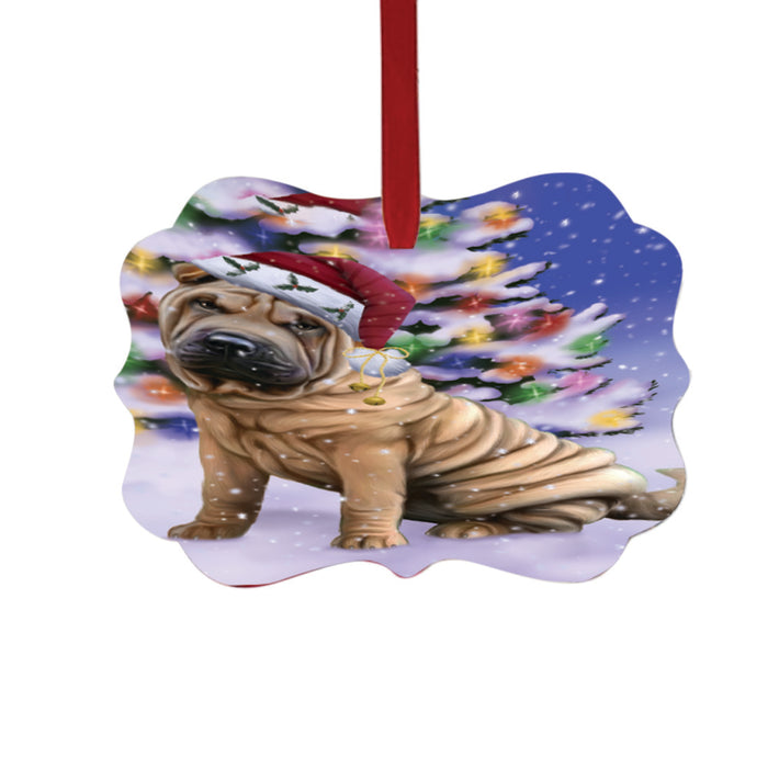 Winterland Wonderland Shar Pei Dog In Christmas Holiday Scenic Background Double-Sided Photo Benelux Christmas Ornament LOR49637