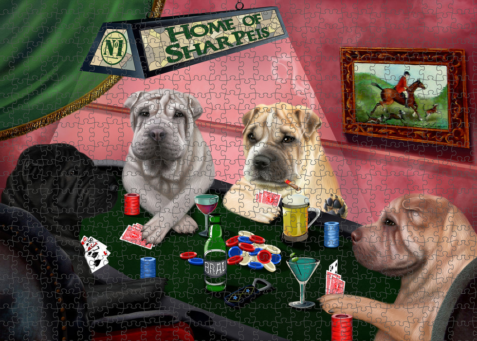 Home of Poker Playing Shar Pei Dogs Portrait Jigsaw Puzzle for Adults Animal Interlocking Puzzle Game Unique Gift for Dog Lover's with Metal Tin Box