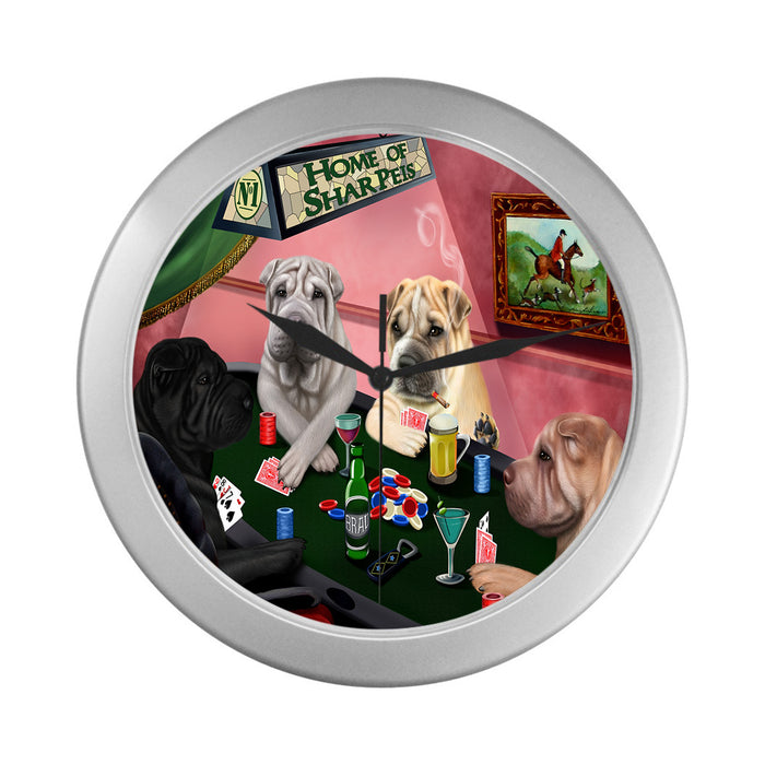 Home of Shar Pei Dogs Playing Poker Silver Wall Clocks