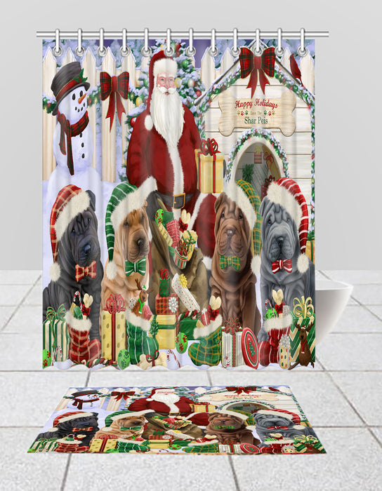 Happy Holidays Christmas Shar Pei Dogs House Gathering Bath Mat and Shower Curtain Combo