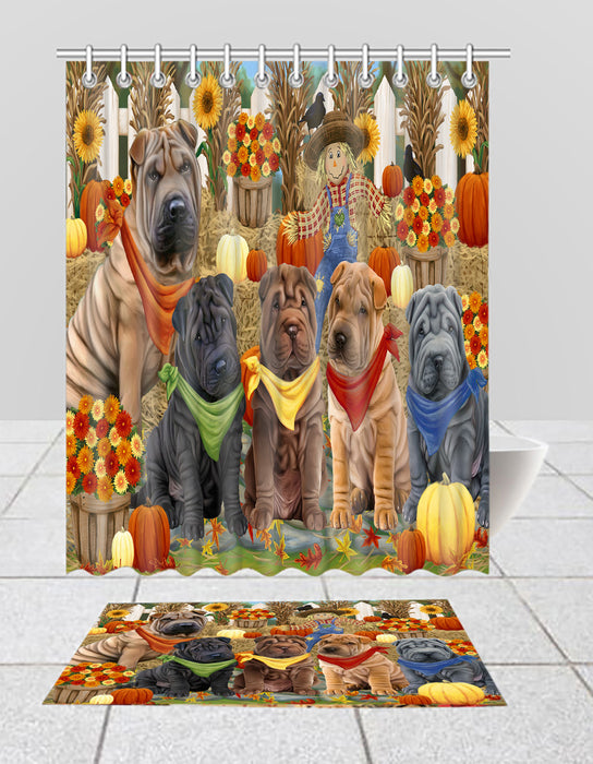 Fall Festive Harvest Time Gathering Shar Pei Dogs Bath Mat and Shower Curtain Combo