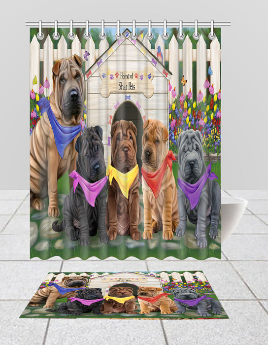 Spring Dog House Shar Pei Dogs Bath Mat and Shower Curtain Combo