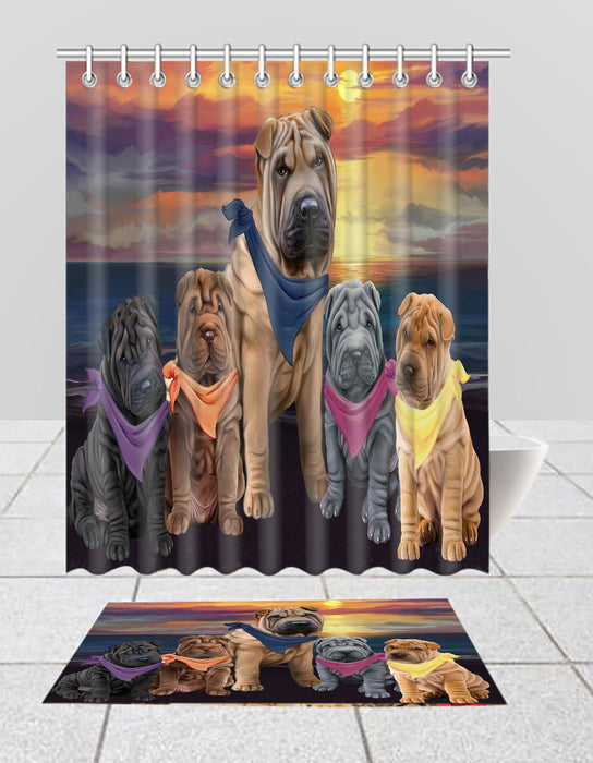 Family Sunset Portrait Shar Pei Dogs Bath Mat and Shower Curtain Combo