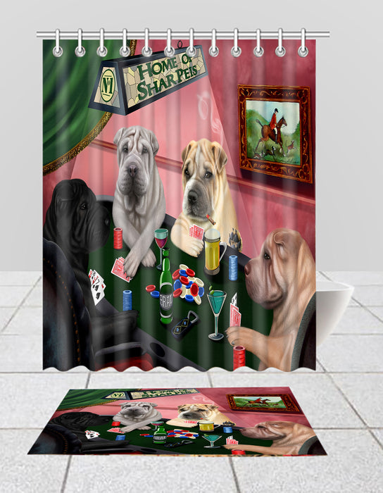 Home of  Shar Pei Dogs Playing Poker Bath Mat and Shower Curtain Combo