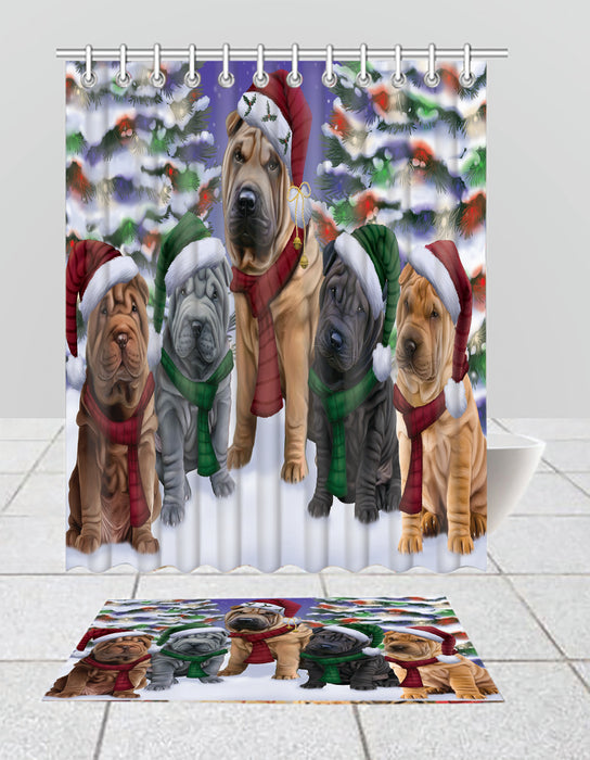 Shar Pei Dogs Christmas Family Portrait in Holiday Scenic Background  Bath Mat and Shower Curtain Combo