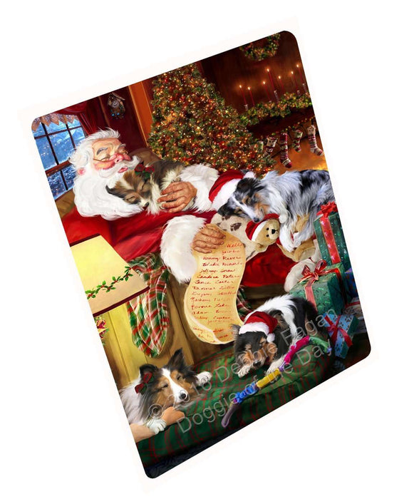 Sheltie Dog and Puppies Sleeping with Santa Tempered Cutting Board