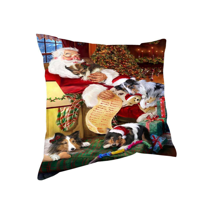 Sheltie Dog and Puppies Sleeping with Santa Throw Pillow