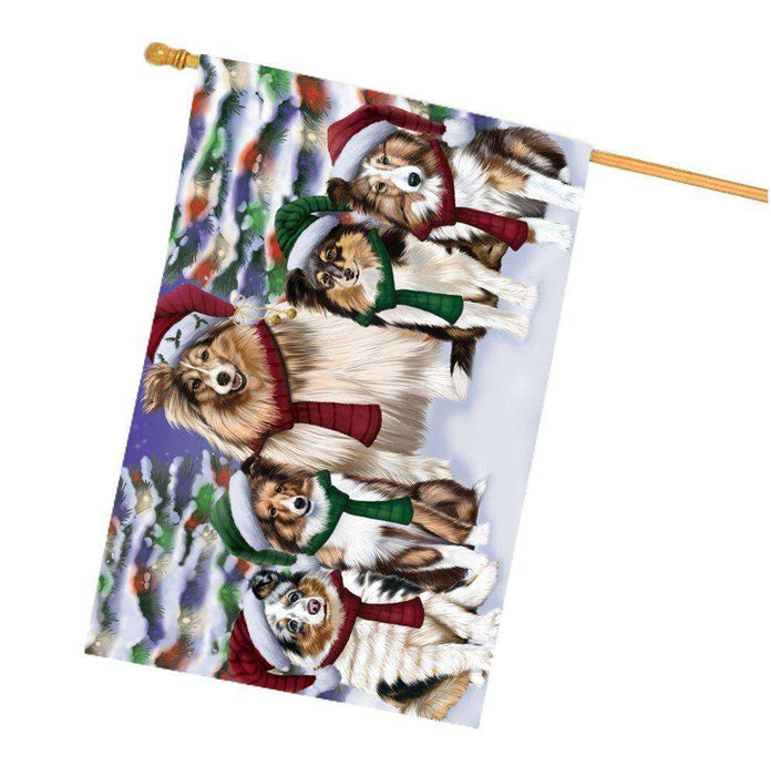Shetland Sheetdog Dog Christmas Family Portrait in Holiday Scenic Background House Flag