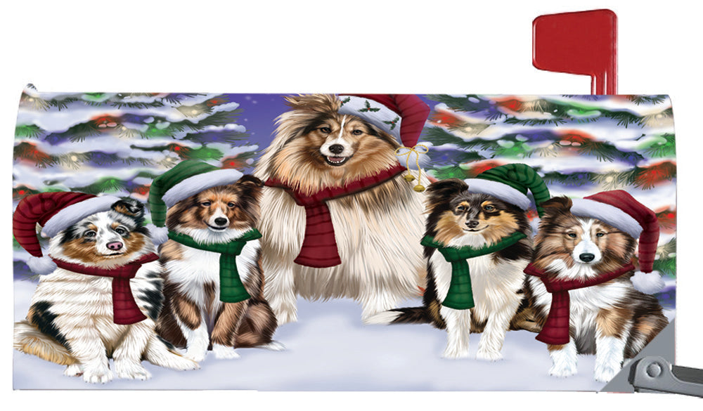 Magnetic Mailbox Cover Shetland Sheepdogs Christmas Family Portrait in Holiday Scenic Background MBC48253