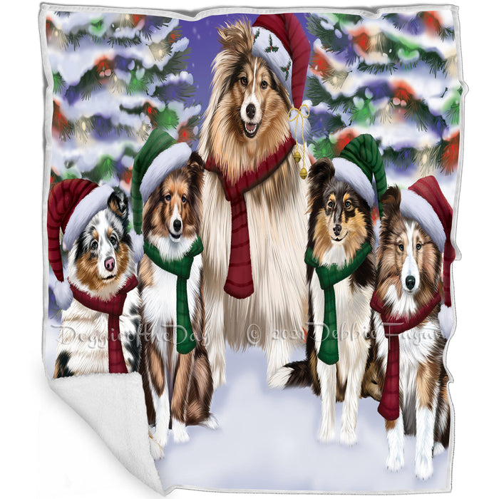 Shetland Sheetdog Dog Christmas Family Portrait in Holiday Scenic Background Art Portrait Print Woven Throw Sherpa Plush Fleece Blanket