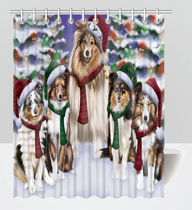 Shetland Sheepdogs Christmas Family Portrait in Holiday Scenic Background Shower Curtain