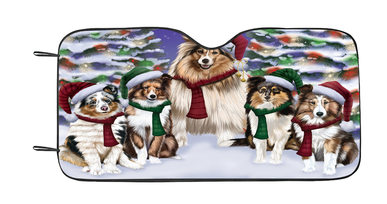 Shetland Sheepdogs Christmas Family Portrait in Holiday Scenic Background Car Sun Shade