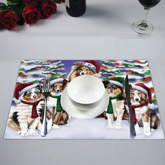 Shetland Sheepdogs Christmas Family Portrait in Holiday Scenic Background Placemat