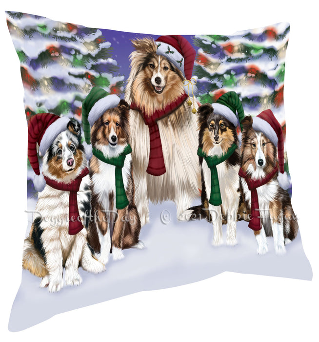 Christmas Family Portrait Shetland Sheepdog Pillow with Top Quality High-Resolution Images - Ultra Soft Pet Pillows for Sleeping - Reversible & Comfort - Ideal Gift for Dog Lover - Cushion for Sofa Couch Bed - 100% Polyester
