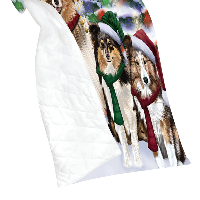 Shetland Sheepdogs Christmas Family Portrait in Holiday Scenic Background Quilt