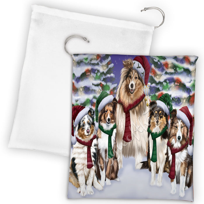Shetland Sheepdogs Christmas Family Portrait in Holiday Scenic Background Drawstring Laundry or Gift Bag LGB48174