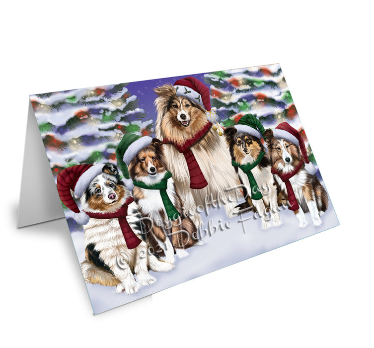 Christmas Family Portrait Shetland Sheepdog Handmade Artwork Assorted Pets Greeting Cards and Note Cards with Envelopes for All Occasions and Holiday Seasons