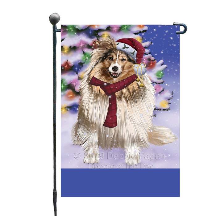 Personalized Winterland Wonderland Shetland Sheepdog In Christmas Holiday Scenic Background Custom Garden Flags GFLG-DOTD-A61394
