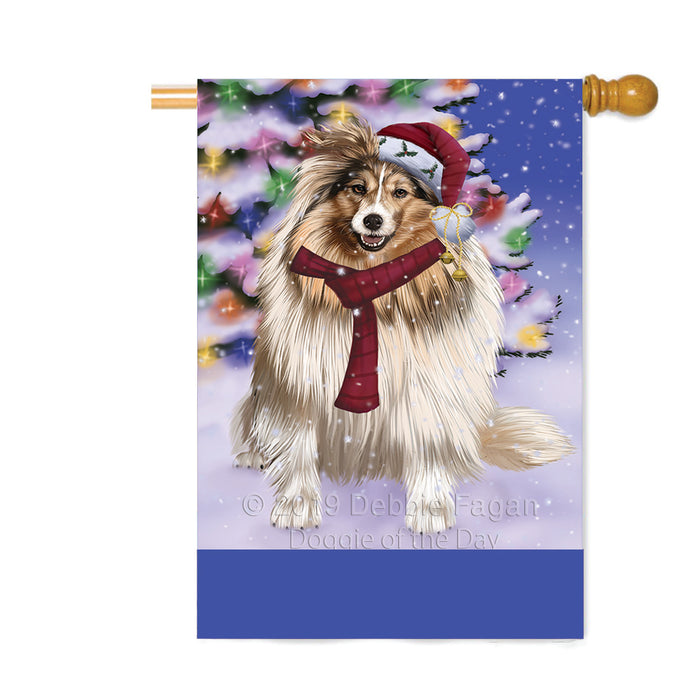 Personalized Winterland Wonderland Shetland Sheepdog In Christmas Holiday Scenic Background Custom House Flag FLG-DOTD-A61450