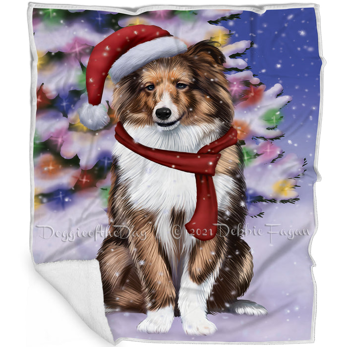 Winterland Wonderland Shetland Sheepdog Dog In Christmas Holiday Scenic Background Blanket