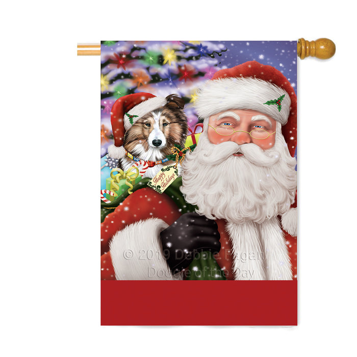 Personalized Santa Carrying Shetland Sheepdog and Christmas Presents Custom House Flag FLG-DOTD-A63519