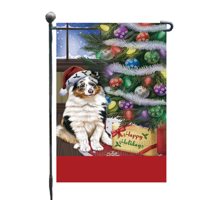 Personalized Christmas Happy Holidays Shetland Sheepdog with Tree and Presents Custom Garden Flags GFLG-DOTD-A58666