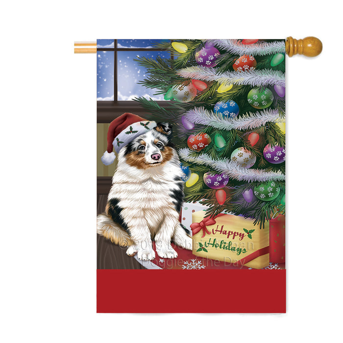 Personalized Christmas Happy Holidays Shetland Sheepdog with Tree and Presents Custom House Flag FLG-DOTD-A58722